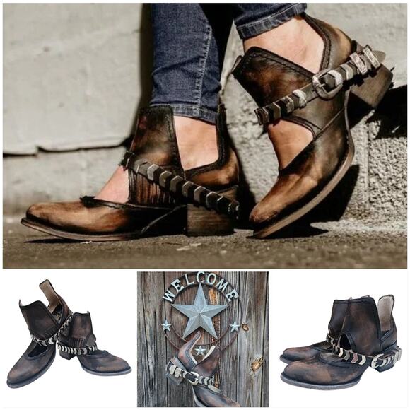 Distressed Ankle Bootie FreeBird Steven Blade Size 8 Black Brown Leather Buckle - Picture 16 of 16